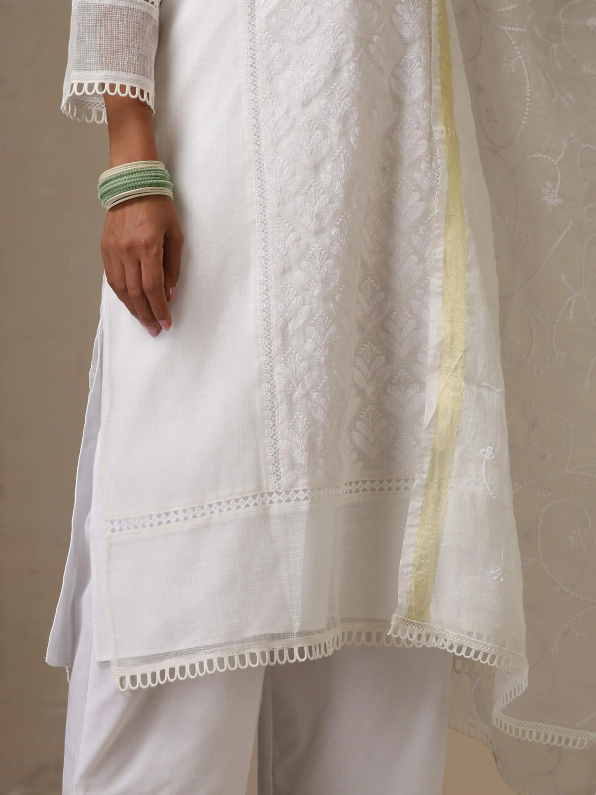 3 pc SET - White Kota Cotton Phulkari Embroidery Top with Embroidered Dupatta and Pyjama