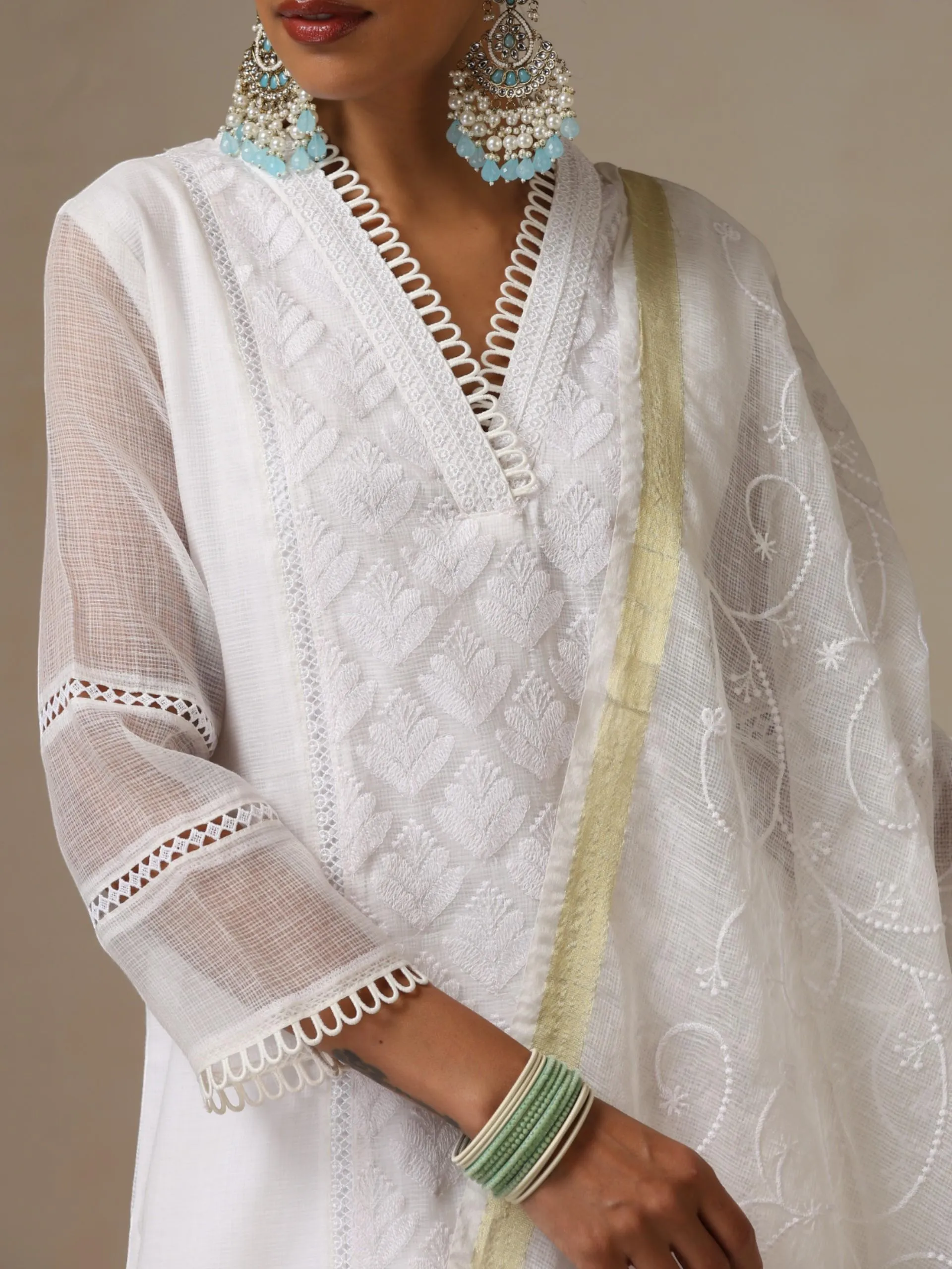 3 pc SET - White Kota Cotton Phulkari Embroidery Top with Embroidered Dupatta and Pyjama