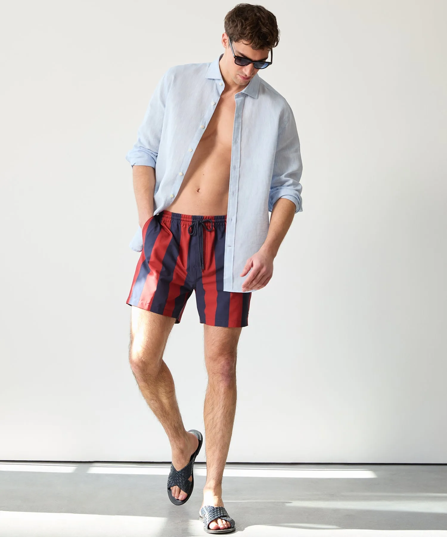 5" Montauk Swim Short in Red Navy Stripe