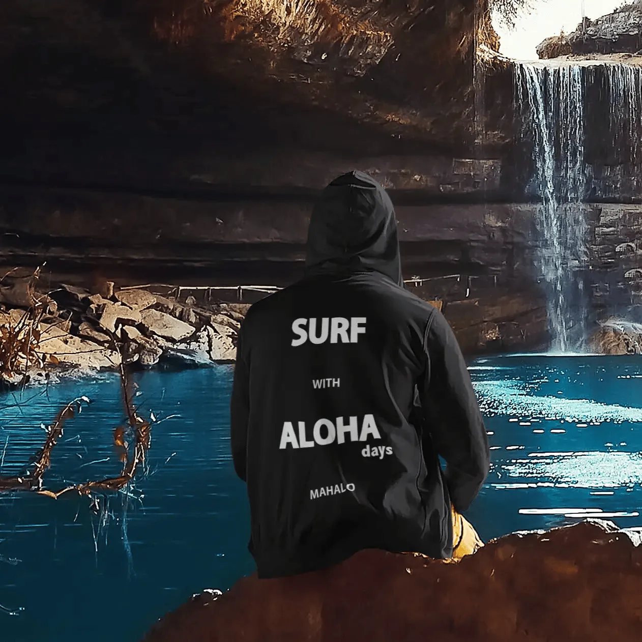 Aloha Days Sweater Hooded Surf with Aloha Made in Hawaii Black