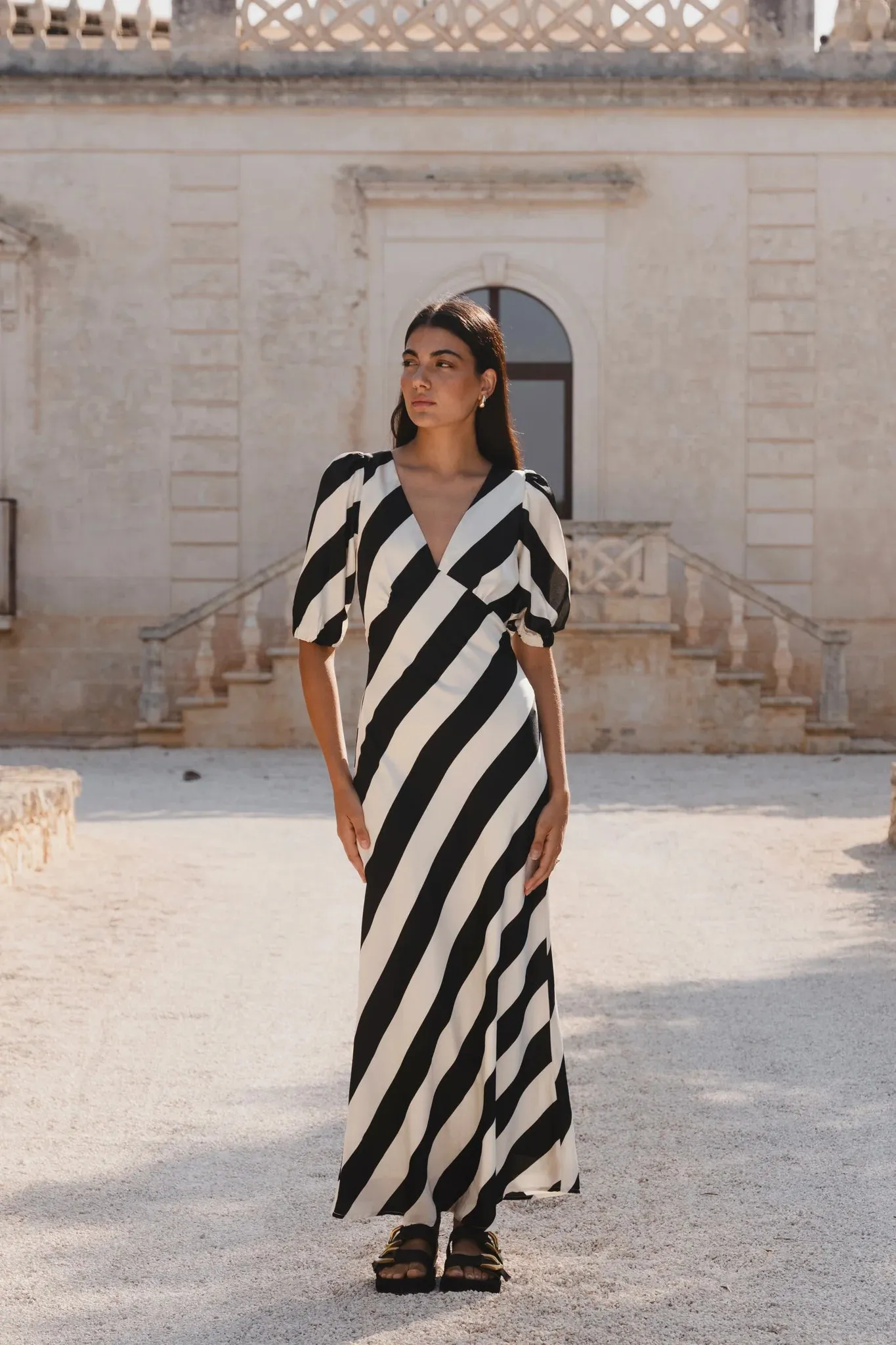 Among the Brave Amora Black White Stripe Bias Midi Dress