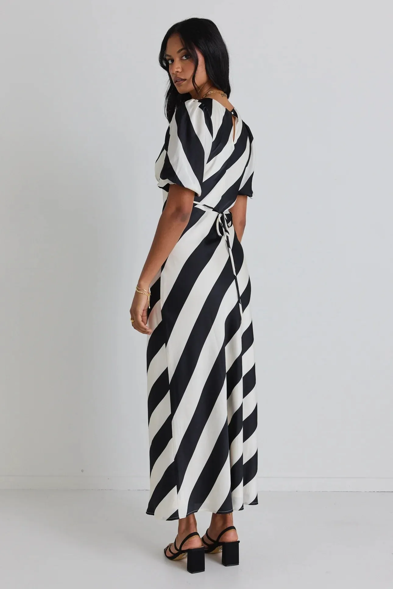 Among the Brave Amora Black White Stripe Bias Midi Dress