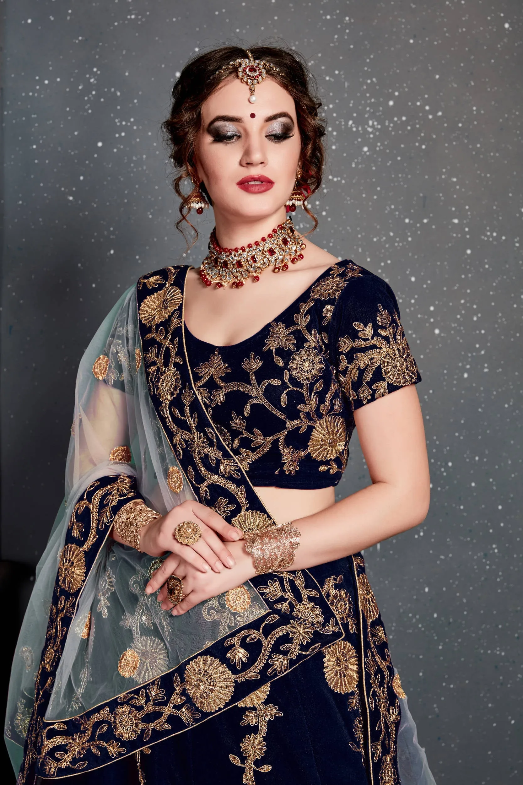 Beautiful Navy Blue Bridal Wear Embroidered Velvet Lehenga Choli