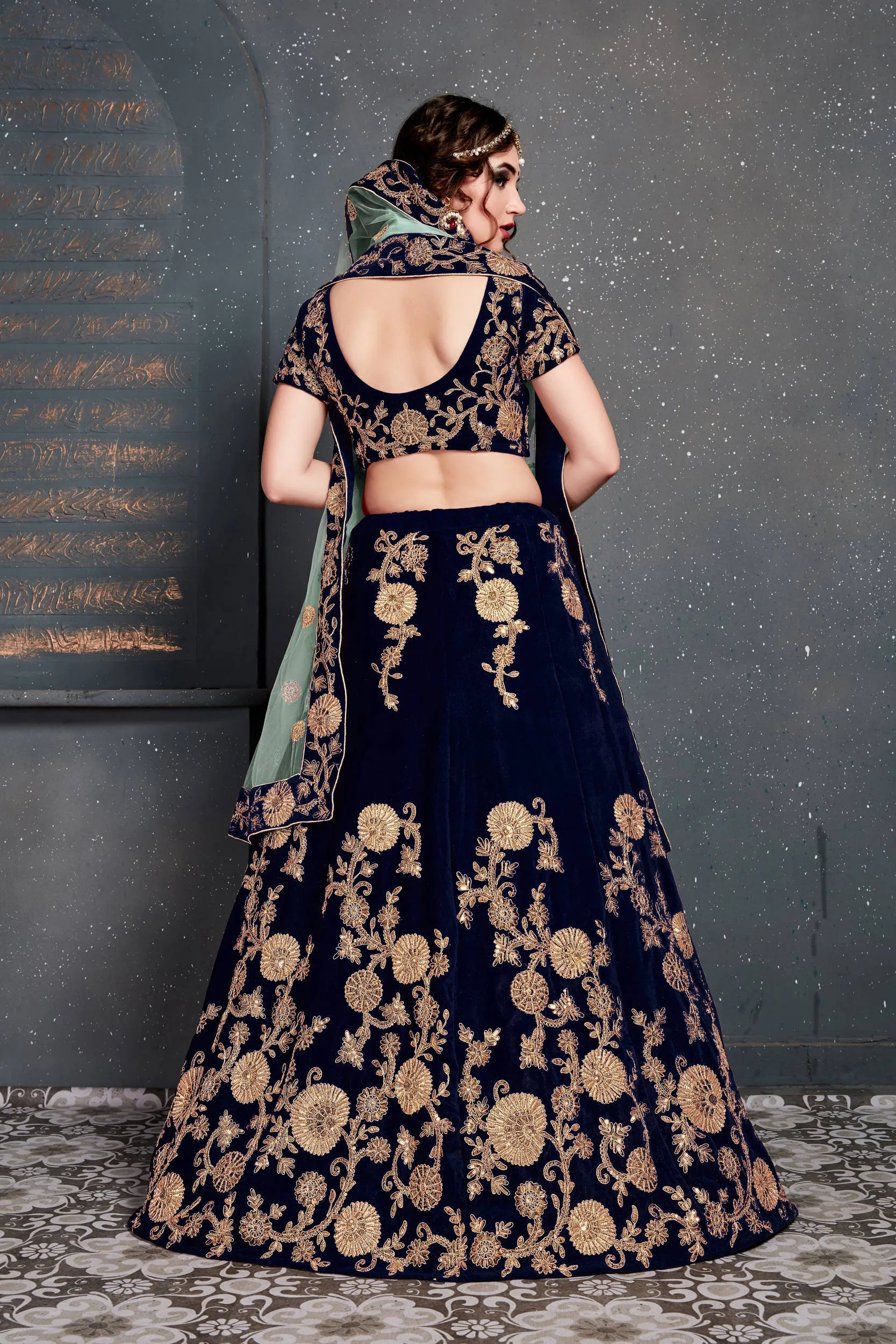 Beautiful Navy Blue Bridal Wear Embroidered Velvet Lehenga Choli