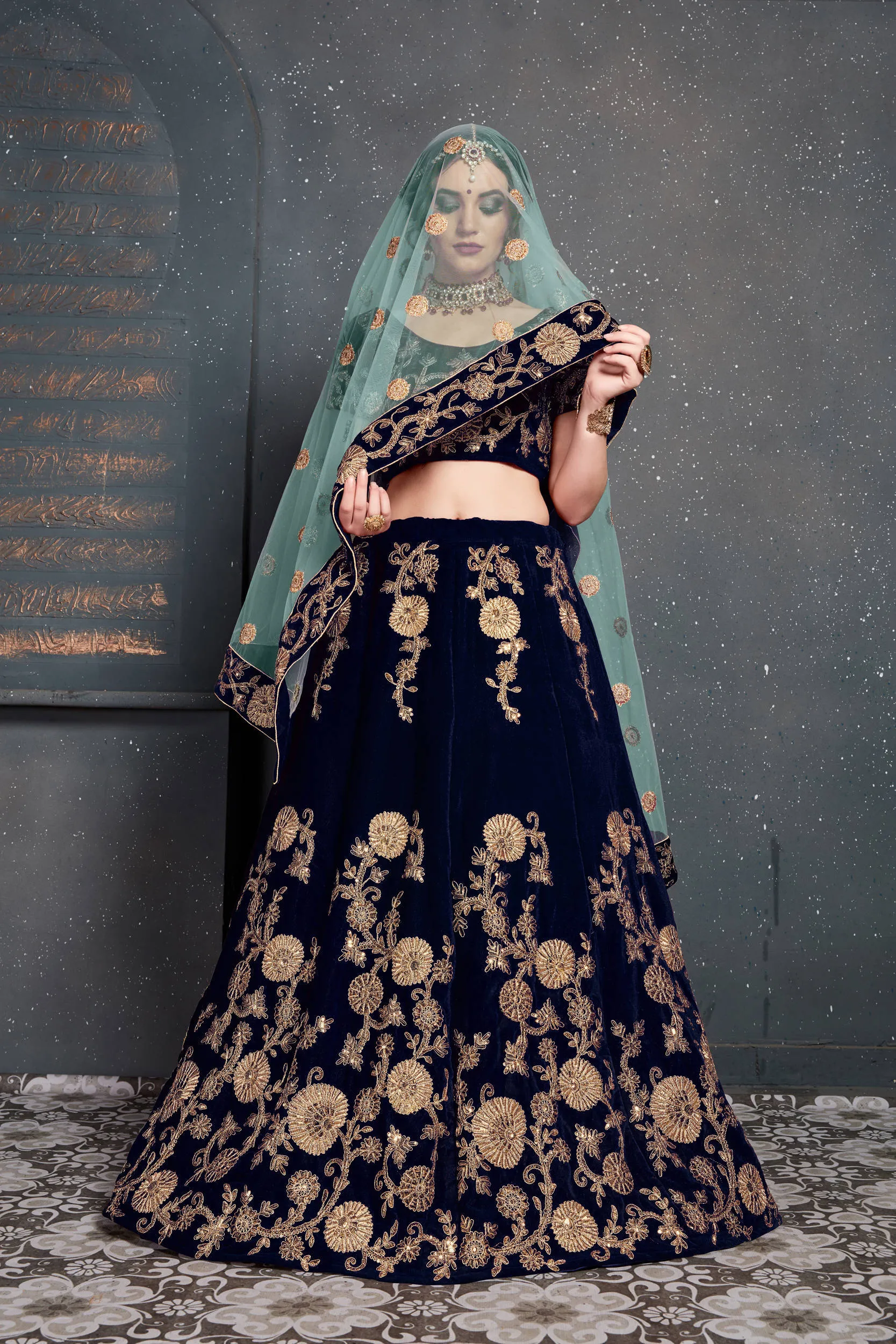 Beautiful Navy Blue Bridal Wear Embroidered Velvet Lehenga Choli