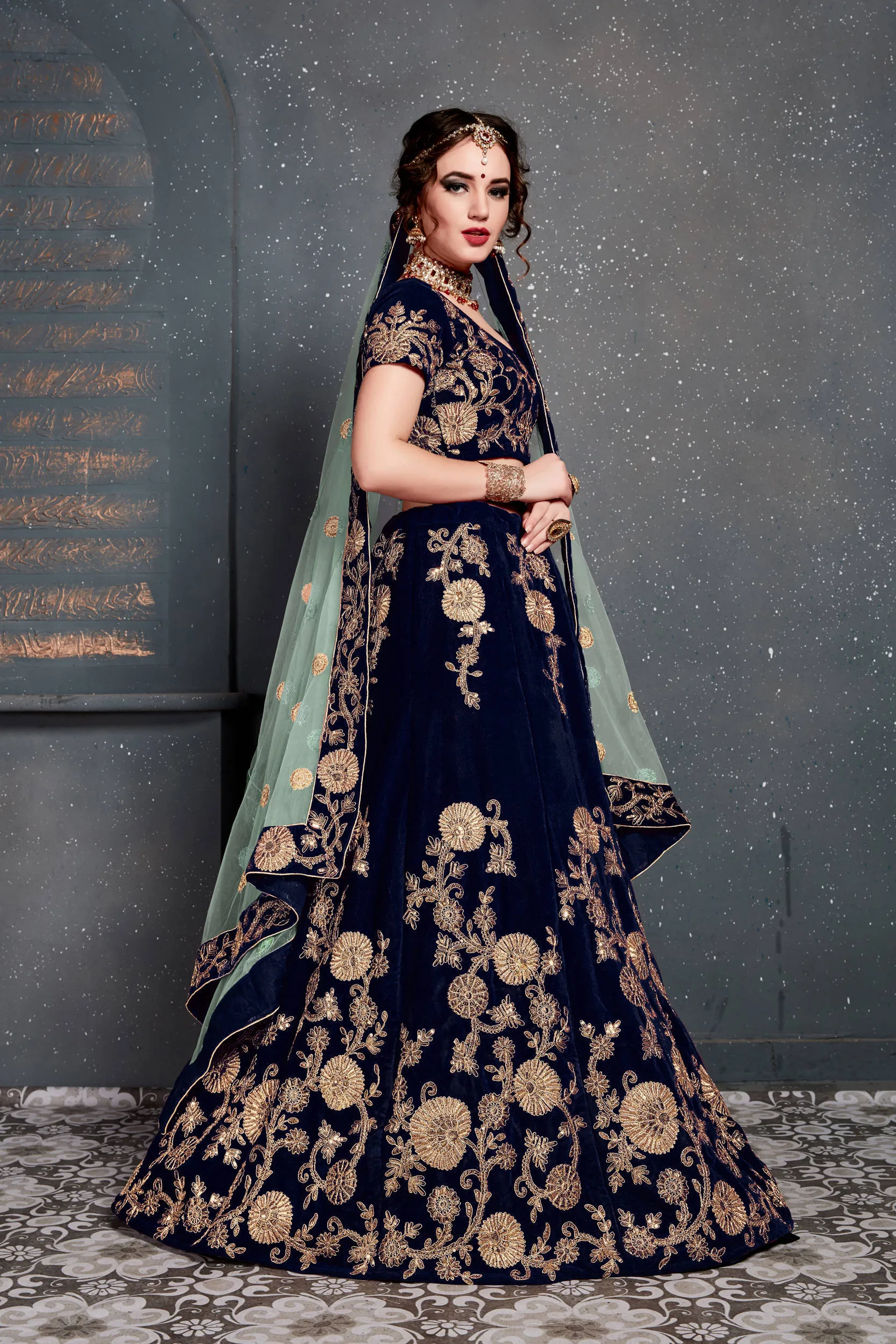 Beautiful Navy Blue Bridal Wear Embroidered Velvet Lehenga Choli