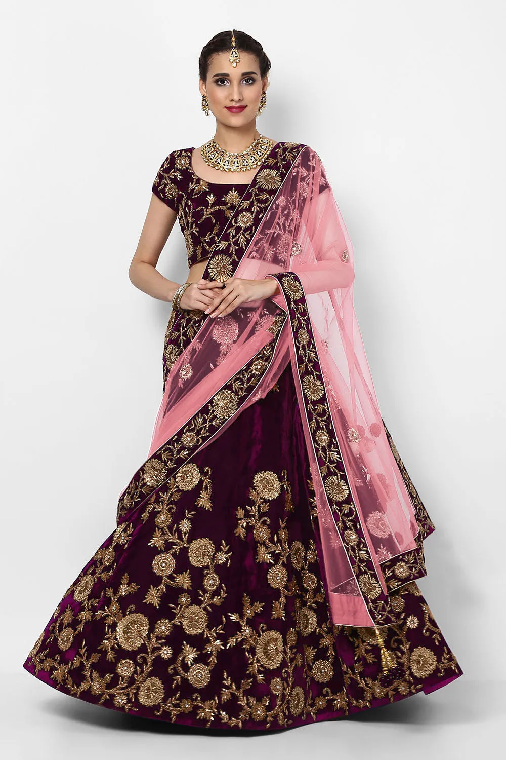 Beautiful Purple Colored Party Wear Designer Embroidered Velvet Lehenga Choli