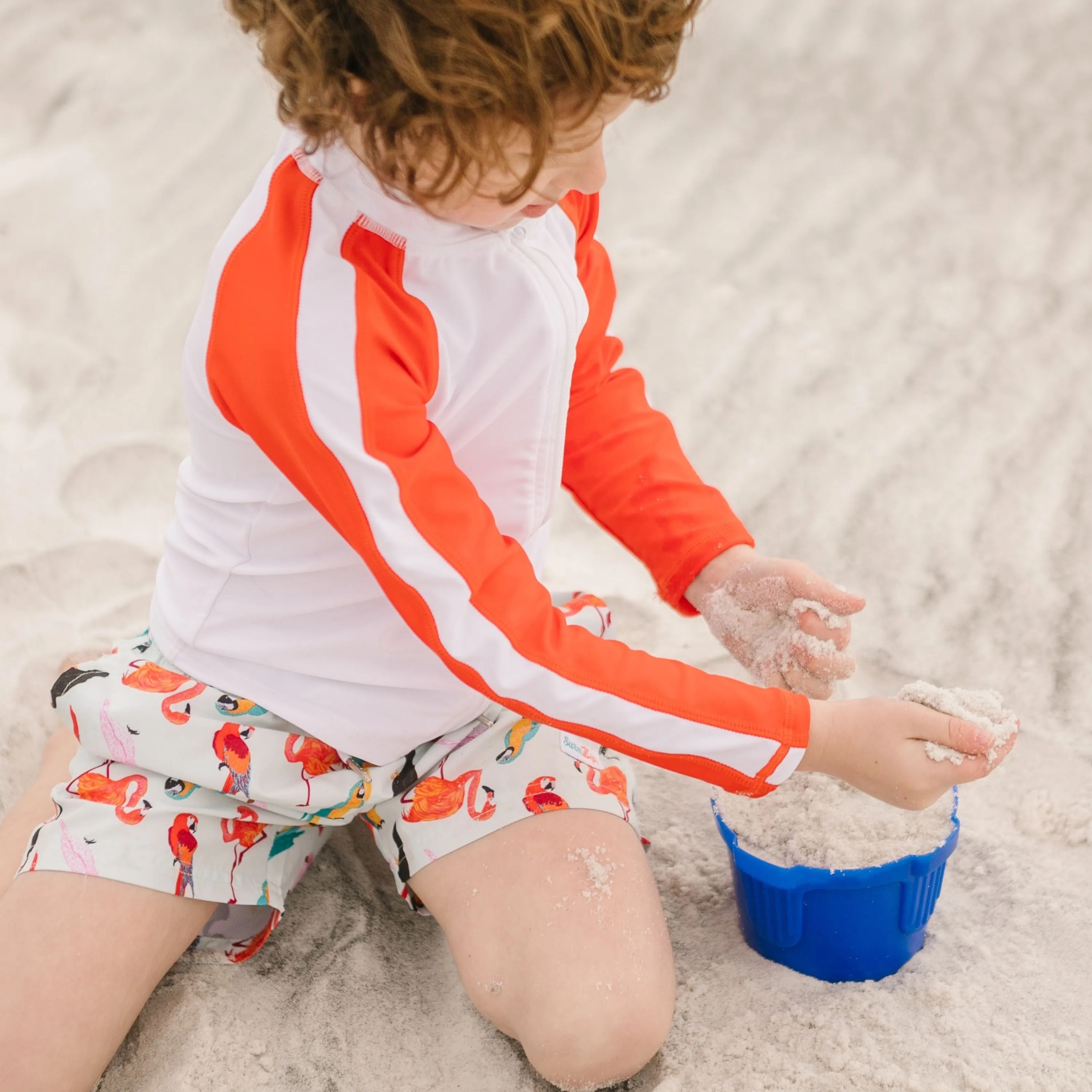 Boys Long Sleeve Zipper Rash Guard and Swim Trunk Set | "Tropical Birds”