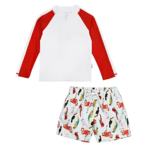 Boys Long Sleeve Zipper Rash Guard and Swim Trunk Set | "Tropical Birds”