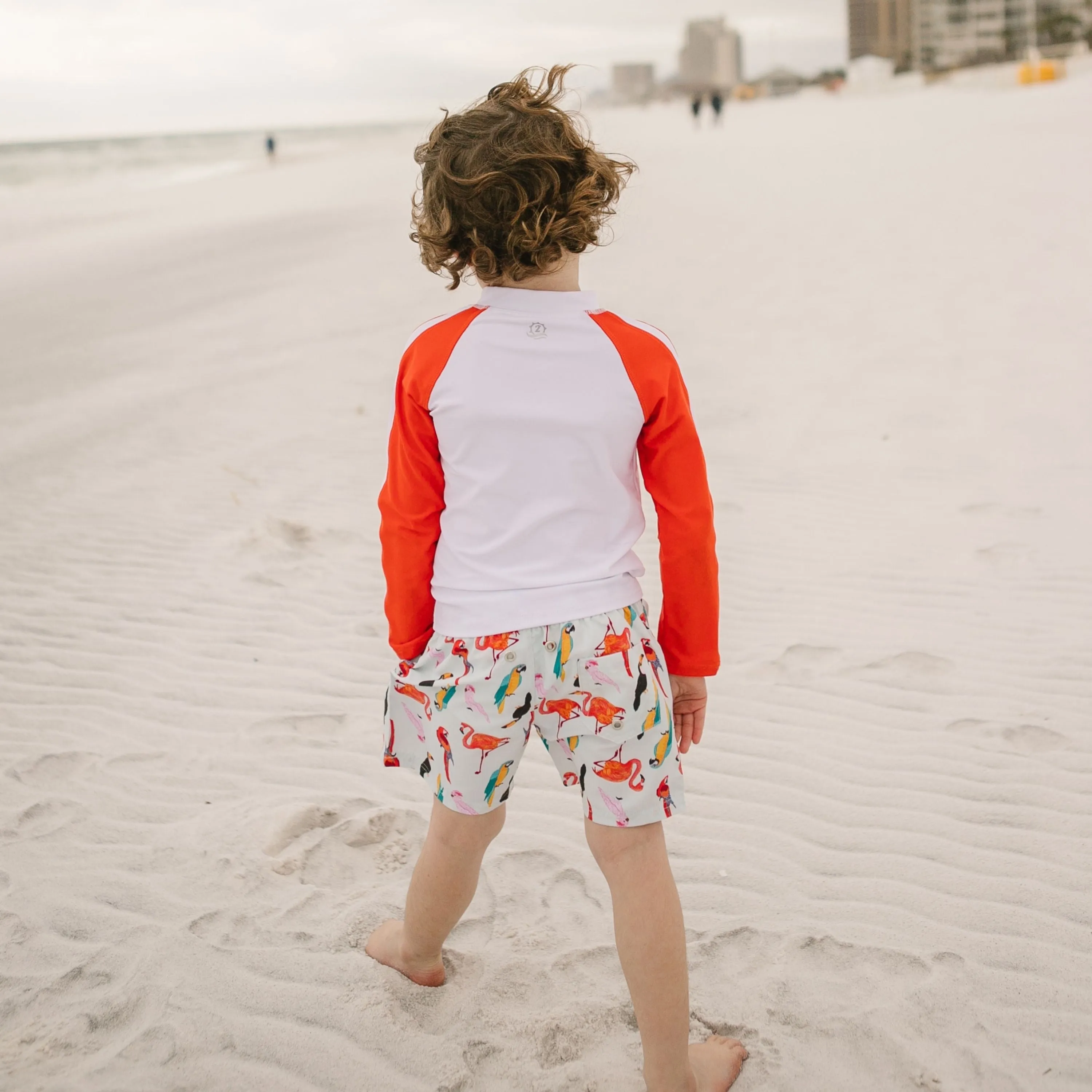 Boys Long Sleeve Zipper Rash Guard and Swim Trunk Set | "Tropical Birds”