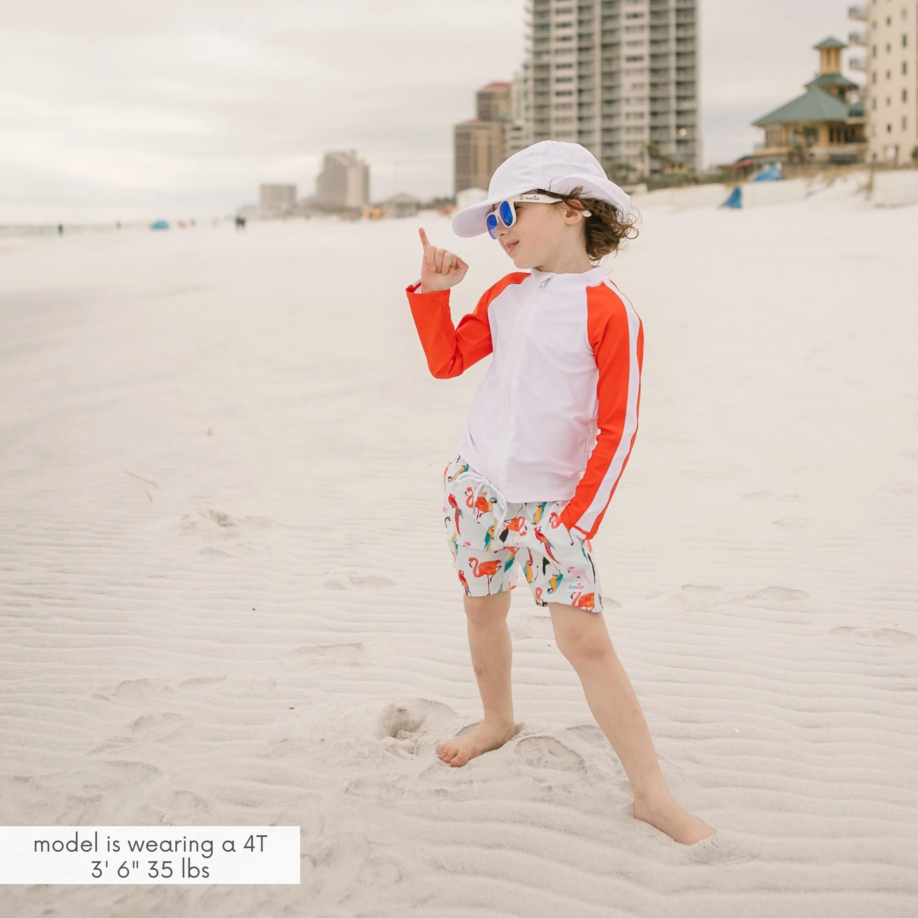 Boys Long Sleeve Zipper Rash Guard and Swim Trunk Set | "Tropical Birds”