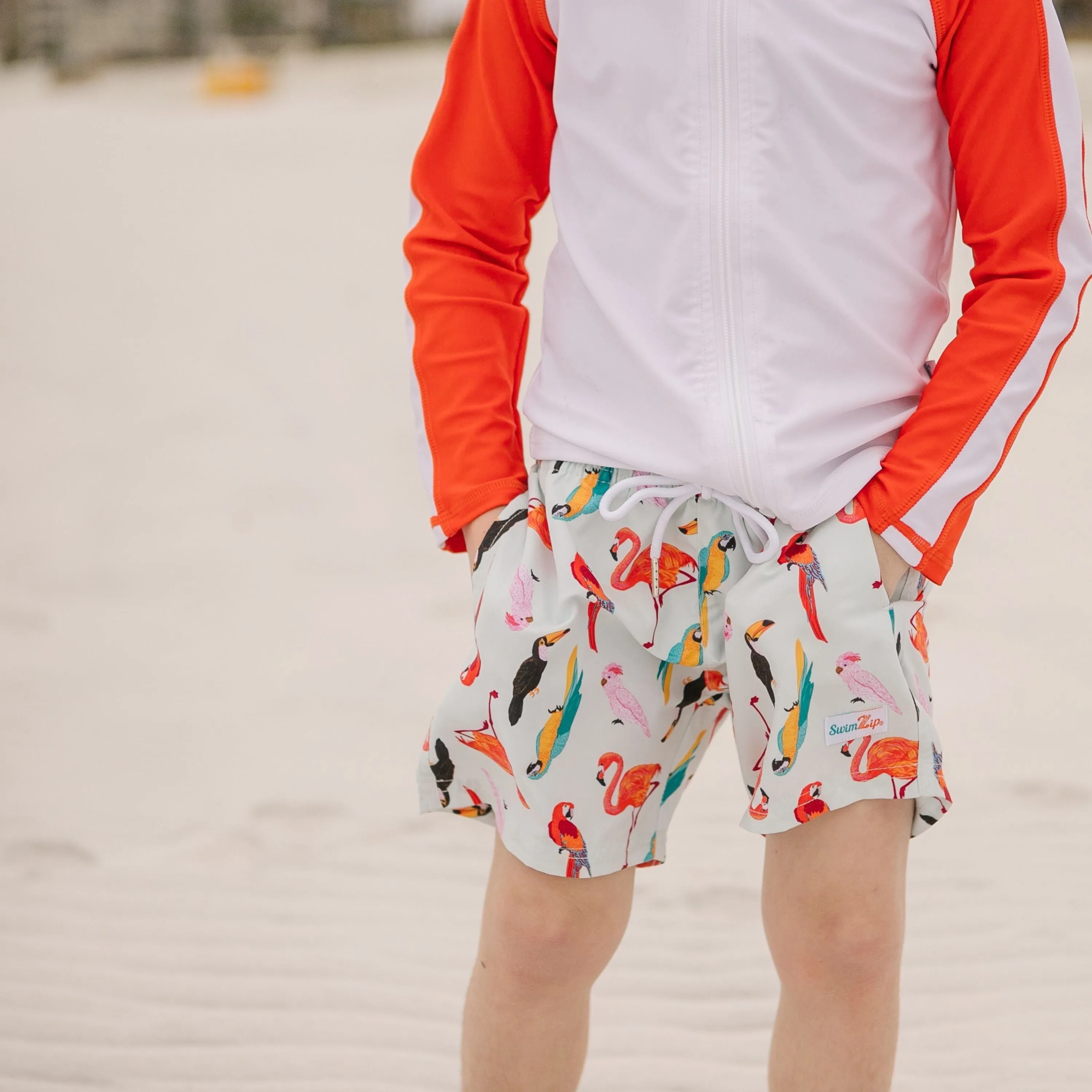 Boys Long Sleeve Zipper Rash Guard and Swim Trunk Set | "Tropical Birds”