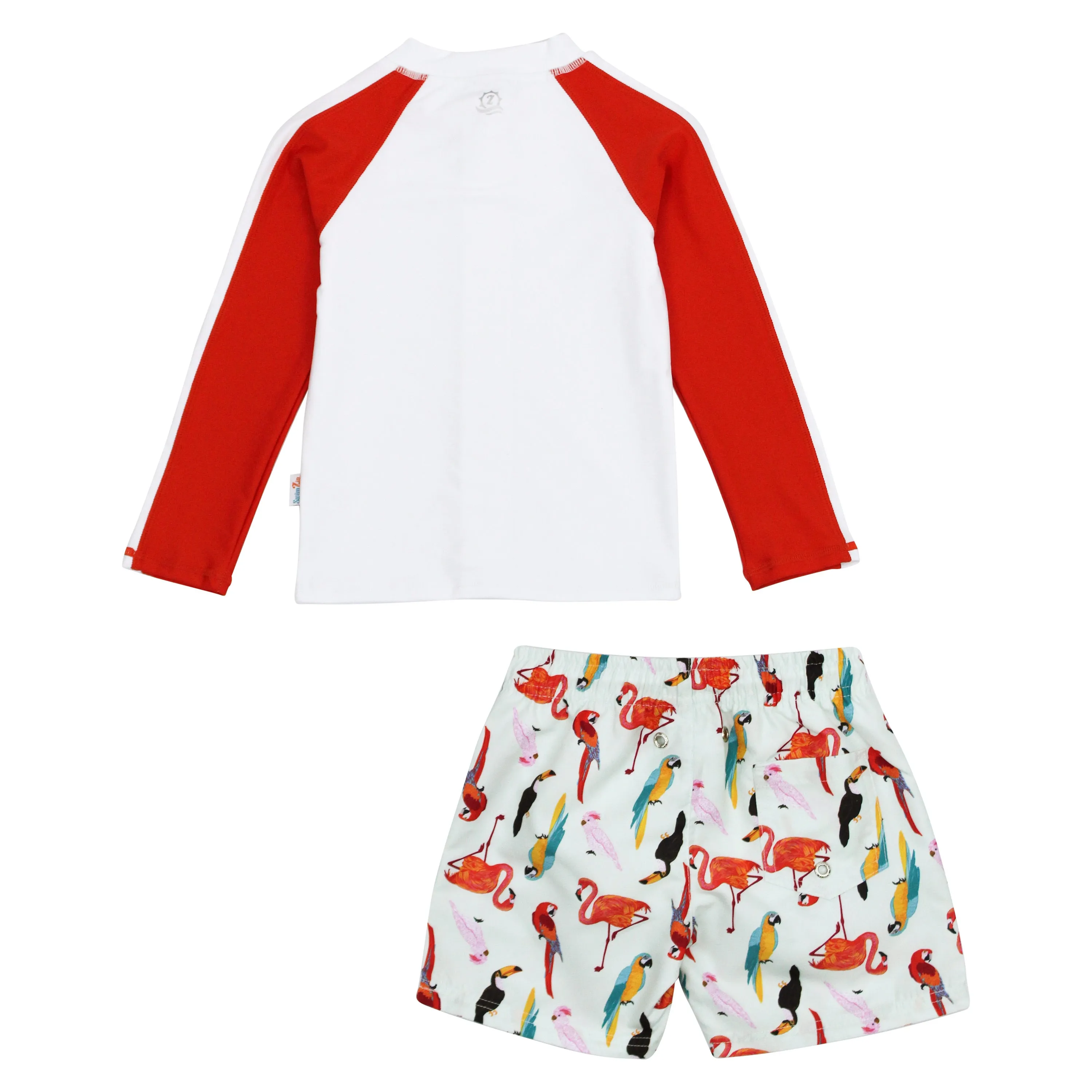 Boys Long Sleeve Zipper Rash Guard and Swim Trunk Set | "Tropical Birds”