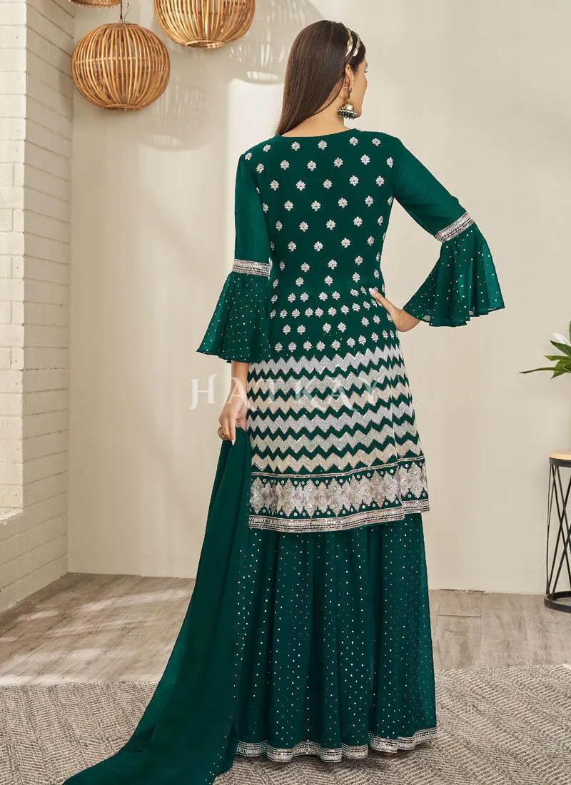 Dark Green Traditional Embroidered Peplum Anarkali Lehenga