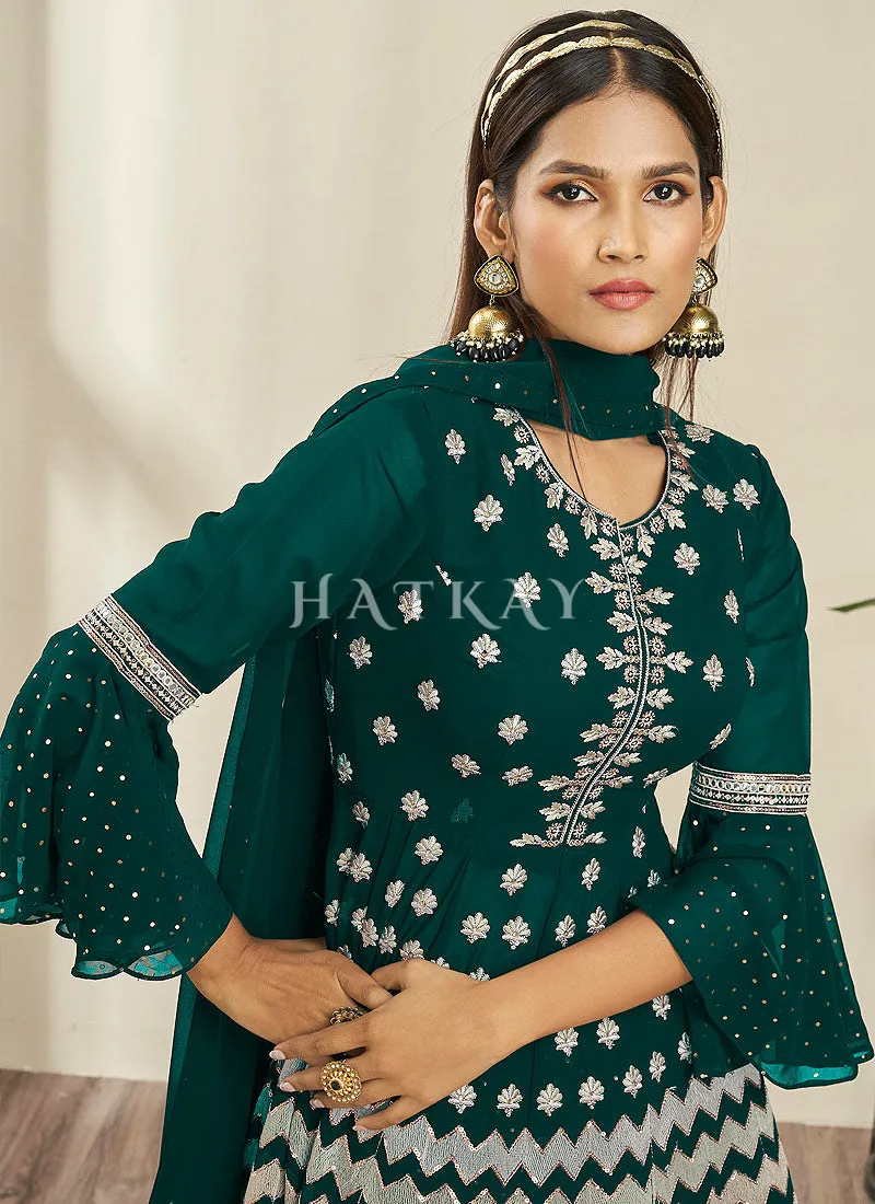 Dark Green Traditional Embroidered Peplum Anarkali Lehenga