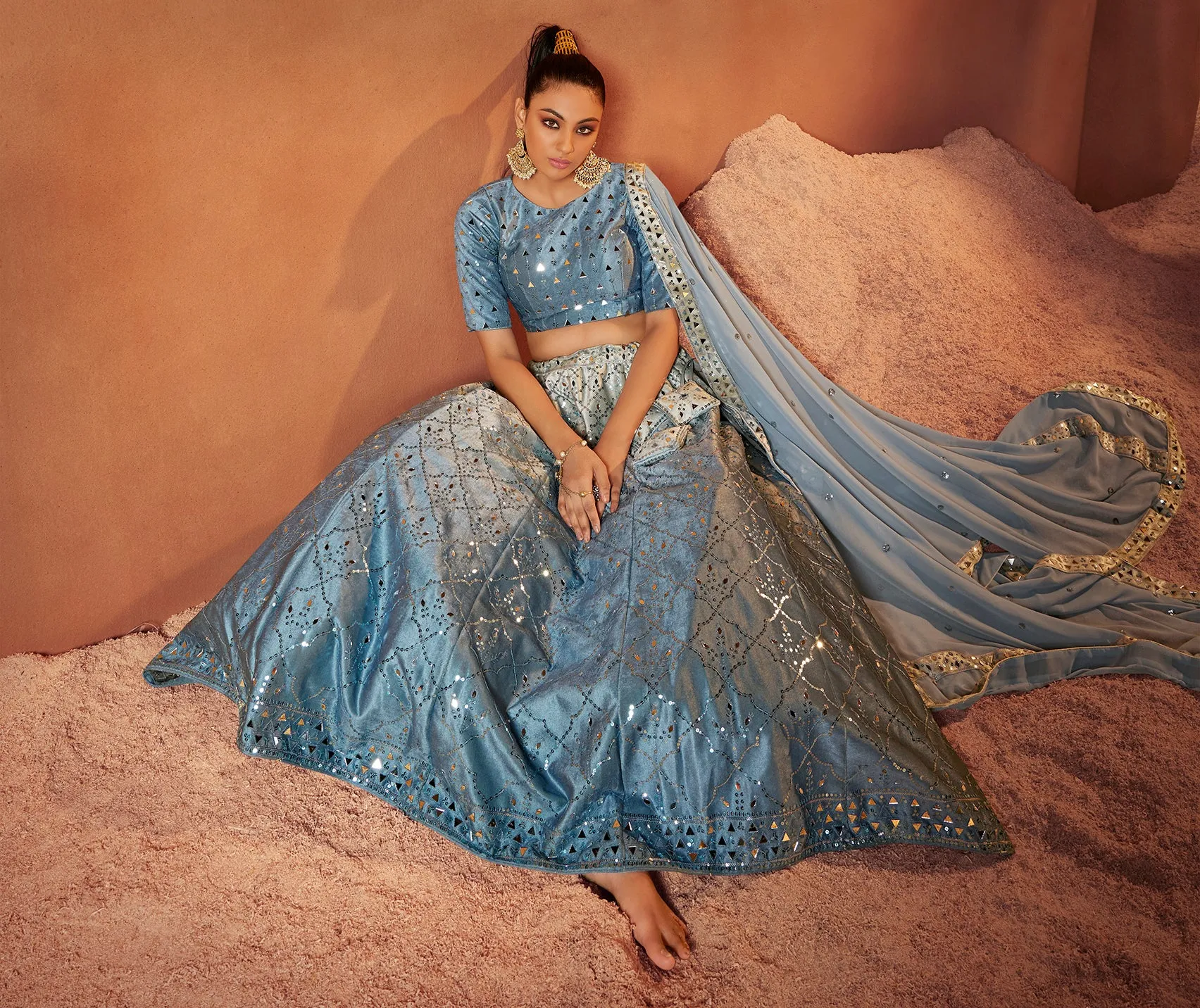 Designer Dusty Sky Color Mirror & Sequence Work Velvet Lehenga Choli