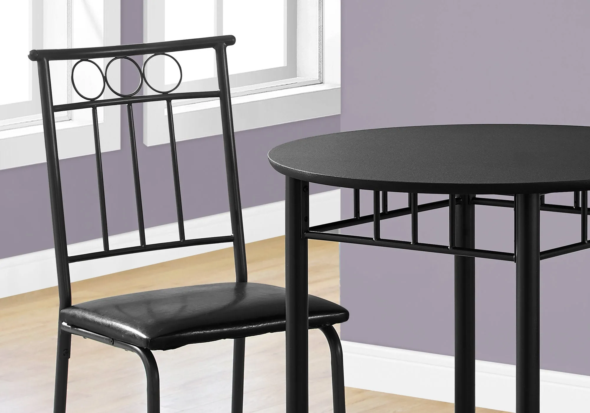 Dining Table Set, 3pcs Set, Small, 30" Round, Kitchen, Black Metal And Laminate, Leather Look, Contemporary, Modern