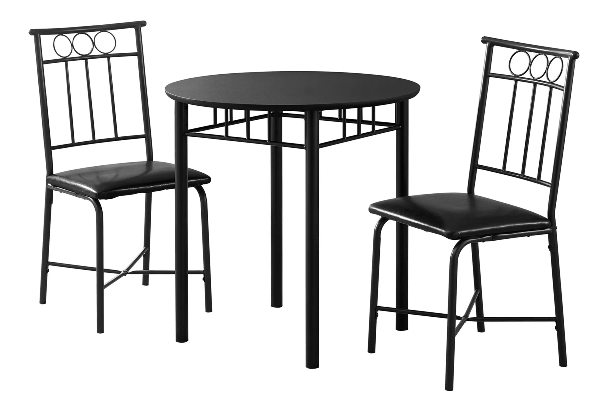 Dining Table Set, 3pcs Set, Small, 30" Round, Kitchen, Black Metal And Laminate, Leather Look, Contemporary, Modern