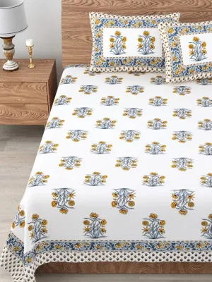 Eddika 100% Pure Cotton Rajasthani Jaipuri Sanganeri Print Double Bedsheet with 2 Pillow Covers [Bedsheet for Double Bed Super King Size] (100x108 Inch,White with Colorful Motif) BSSP30