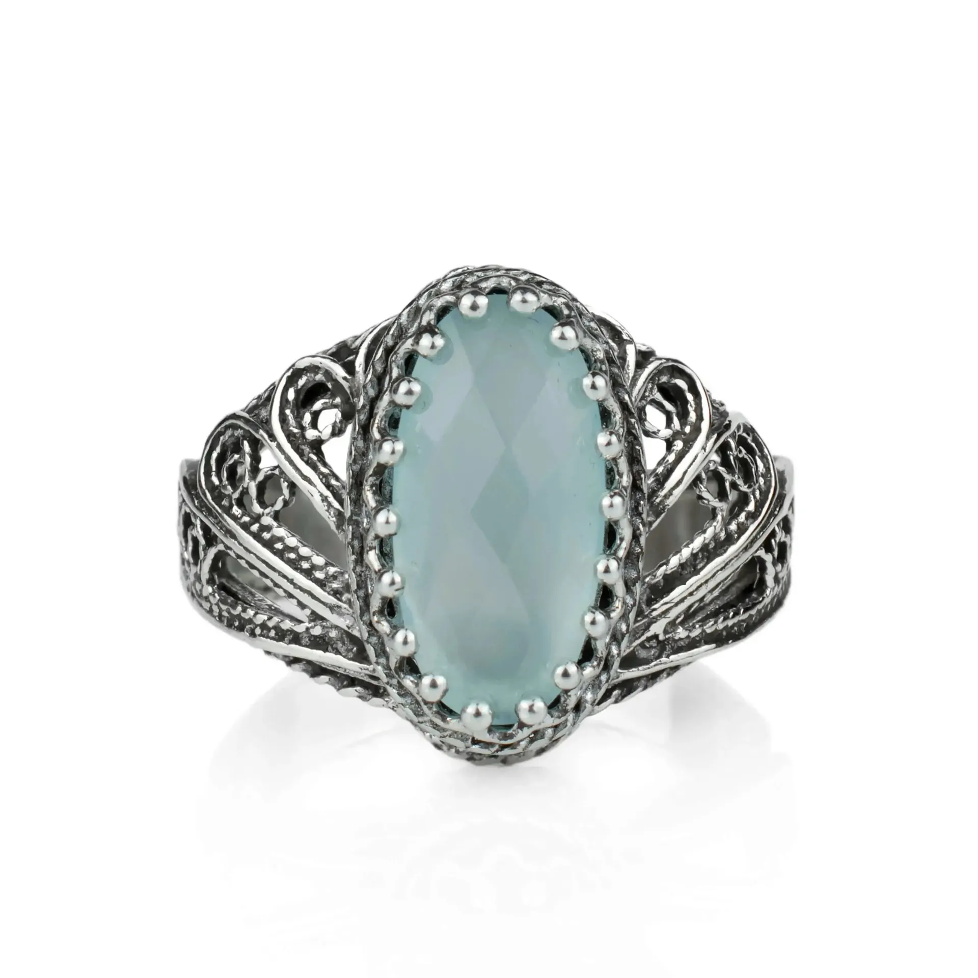 Enchanting 925 Sterling Silver Angel Wings Cocktail Ring with Aqua Chalcedony, Ethereal Style Jewelry, Statement Fashion Ring