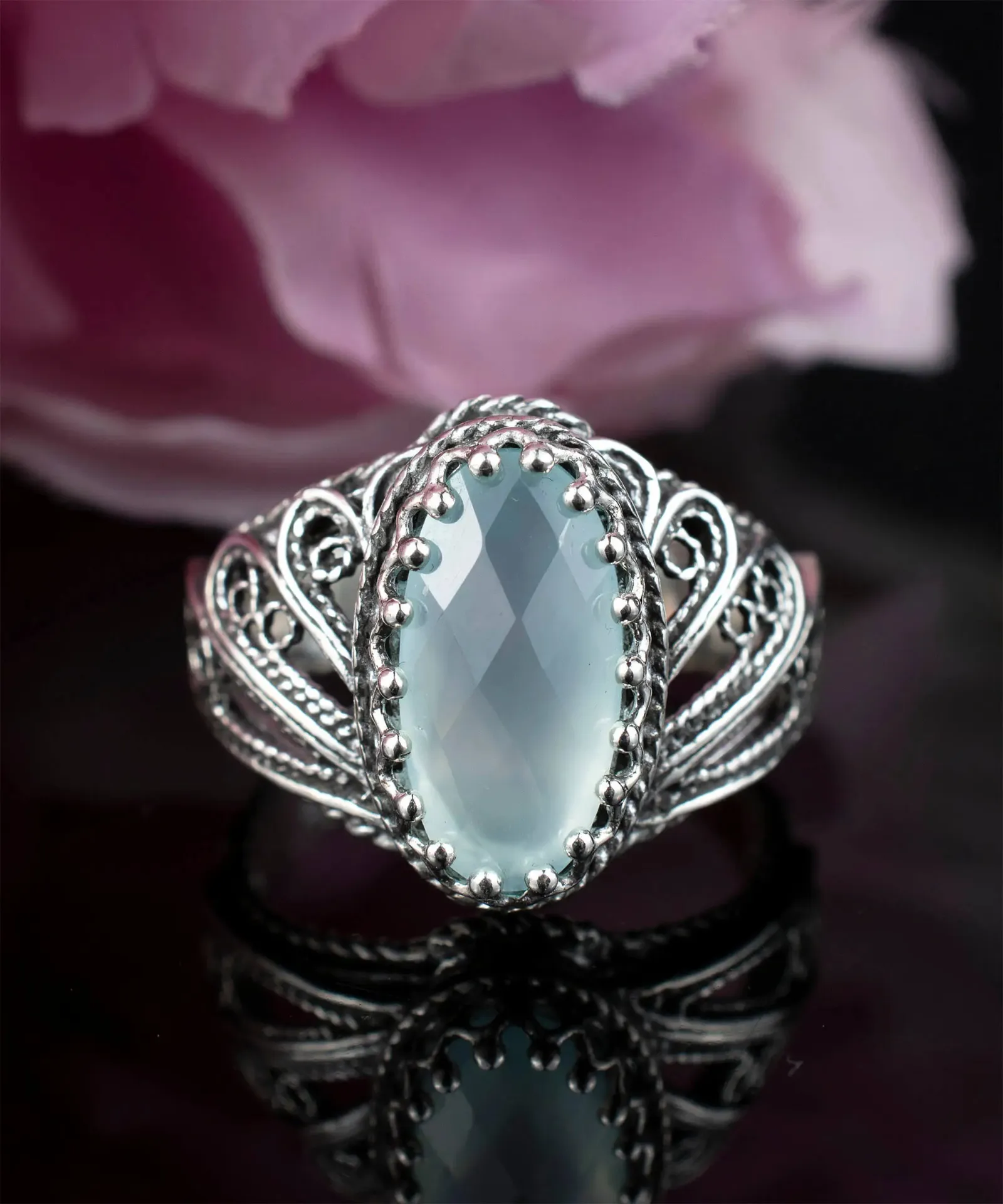 Enchanting 925 Sterling Silver Angel Wings Cocktail Ring with Aqua Chalcedony, Ethereal Style Jewelry, Statement Fashion Ring