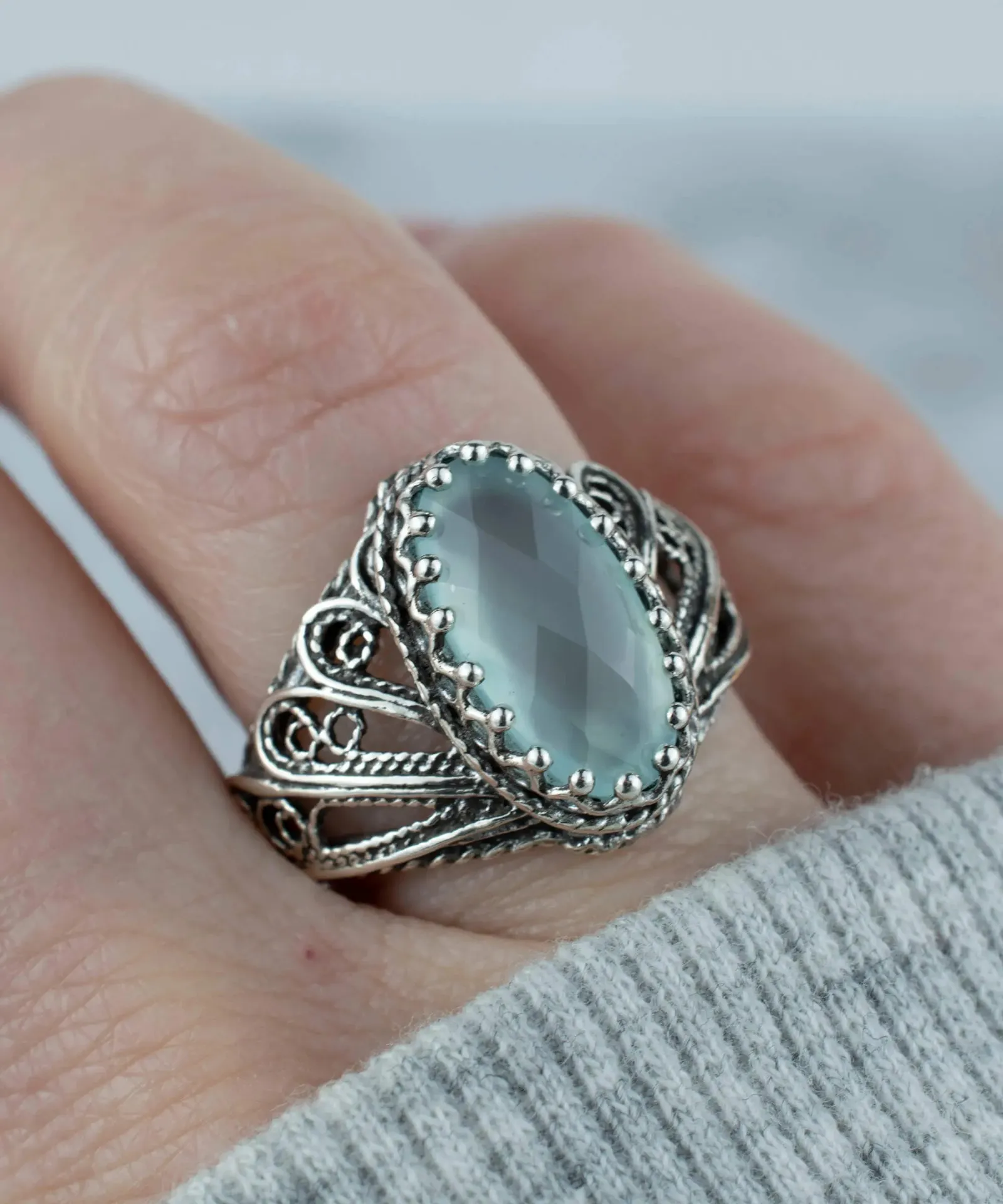 Enchanting 925 Sterling Silver Angel Wings Cocktail Ring with Aqua Chalcedony, Ethereal Style Jewelry, Statement Fashion Ring