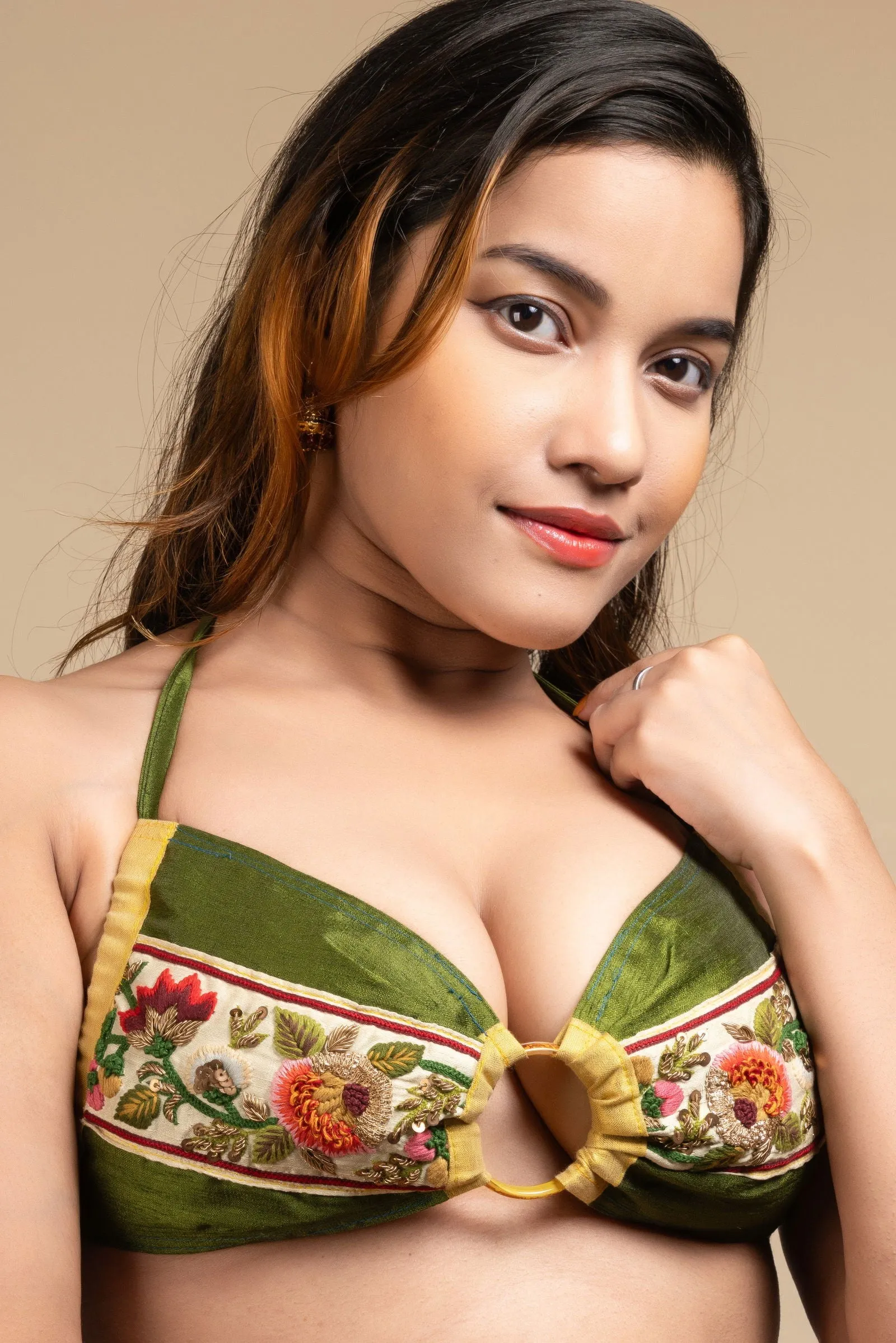 Exclusive Hand Embroidered Designer Green Backless Halter Neck Bikini Top Blouse for Women