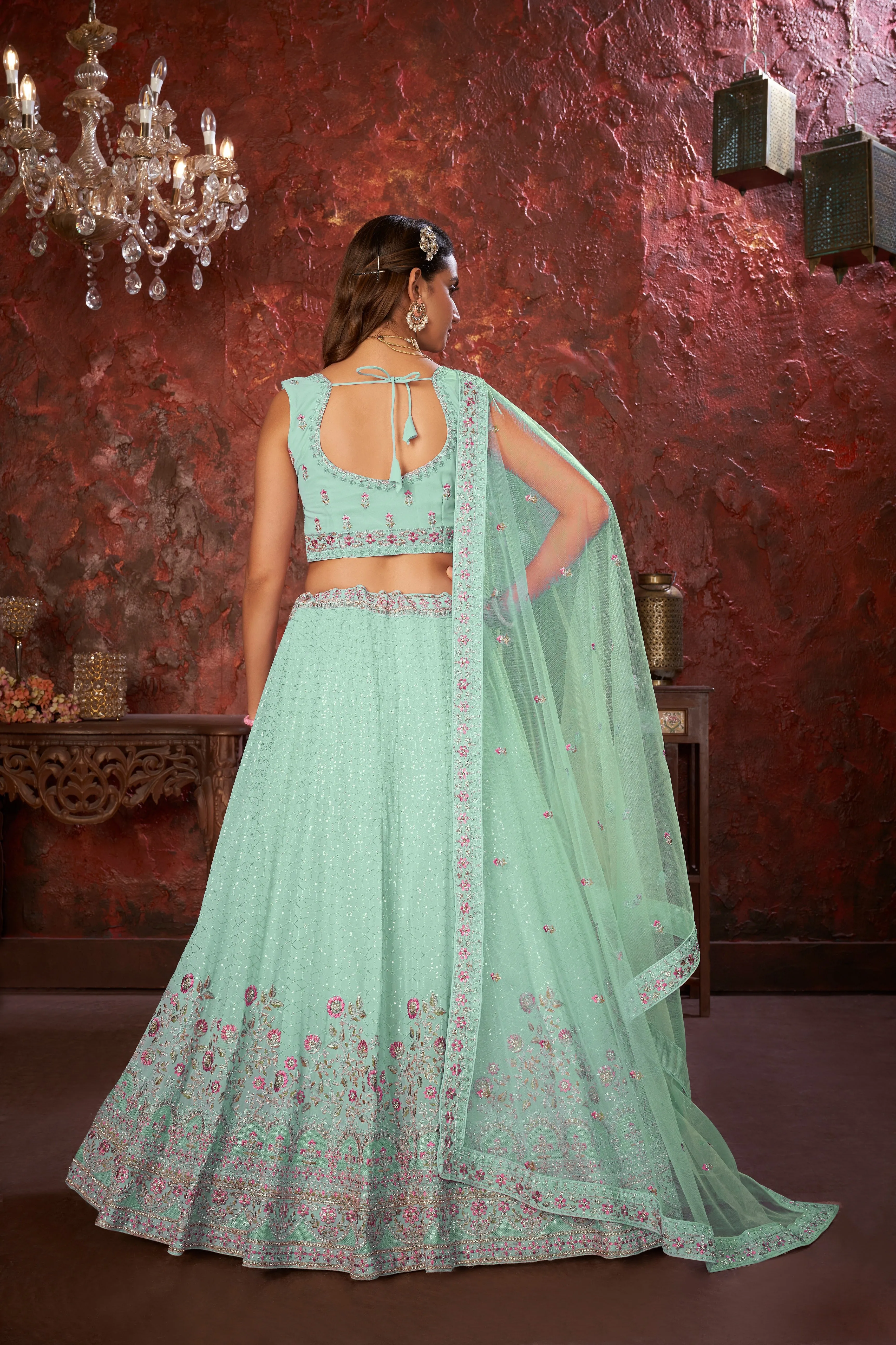 Exquisite Green Embroidered Fox Georgette Girlish Trendy Lehenga