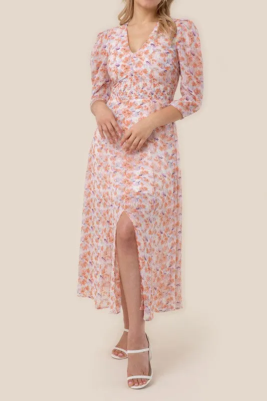 Floral Chiffon V-Neck Front Slit Maxi Dress