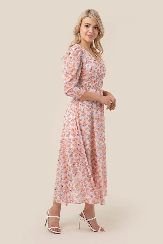 Floral Chiffon V-Neck Front Slit Maxi Dress