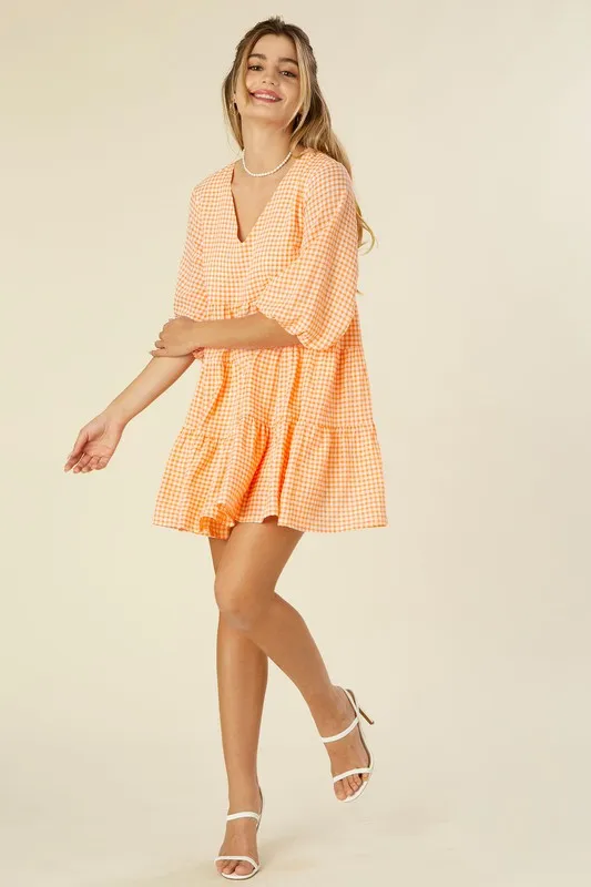 Gingham V-Neck Bubble Sleeve Tiered Dress