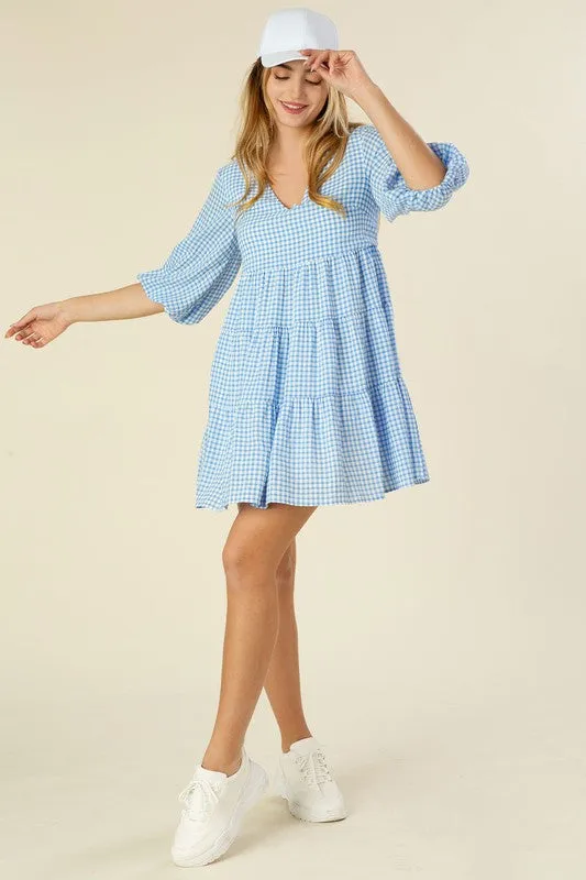 Gingham V-Neck Bubble Sleeve Tiered Dress