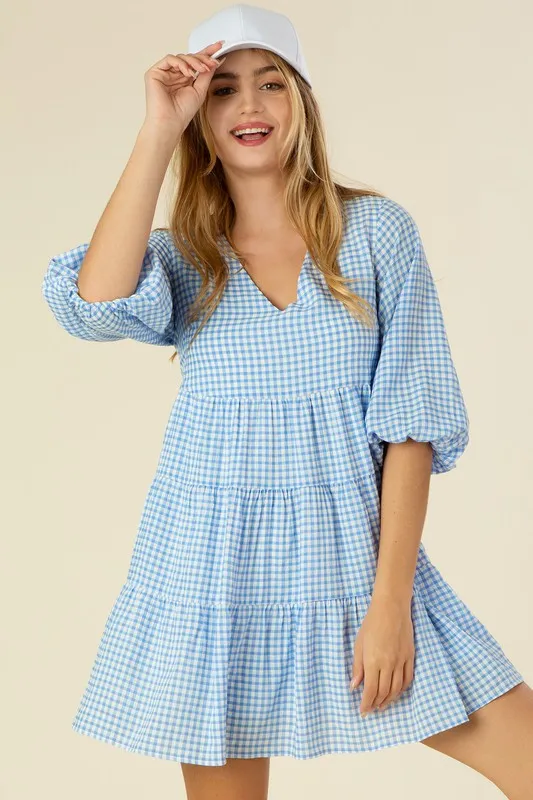 Gingham V-Neck Bubble Sleeve Tiered Dress