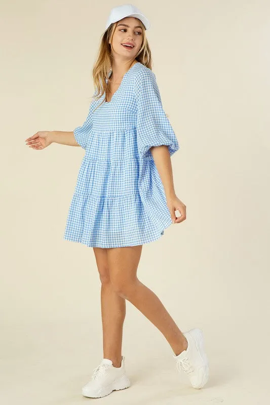 Gingham V-Neck Bubble Sleeve Tiered Dress