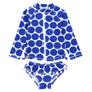 Girls Long Sleeve Rash Guard Ruffle Swimsuit Set (2 Piece) - "Oversized Dot"