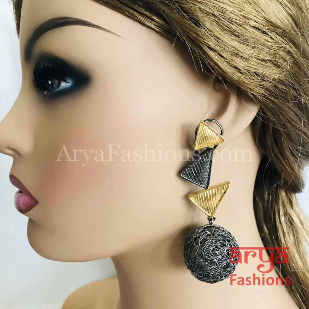 Golden Gray Fusion Kundan Long Ethnic Earrings