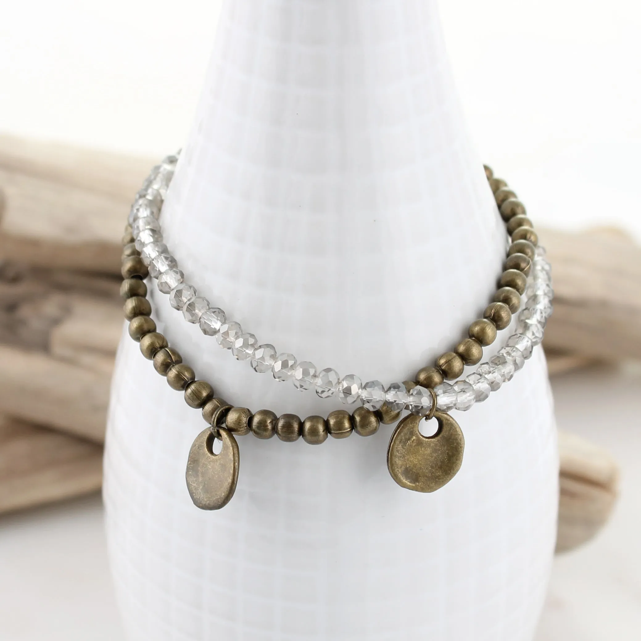 Gray Crystal & Vintage Disc 2-Strand Stretch Bracelet Set