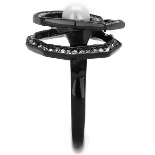 IP Black(Ion Plating) Stainless Steel Ring with Synthetic Pearl in White for Women Style TK1861