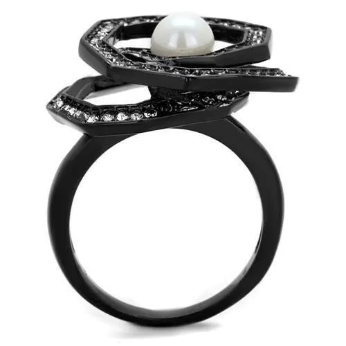 IP Black(Ion Plating) Stainless Steel Ring with Synthetic Pearl in White for Women Style TK1861