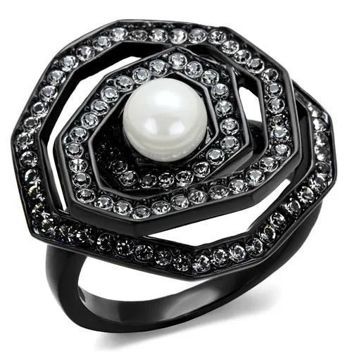 IP Black(Ion Plating) Stainless Steel Ring with Synthetic Pearl in White for Women Style TK1861