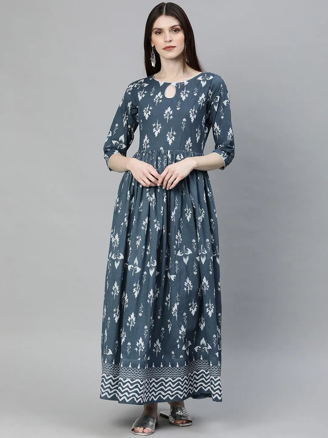 Jashvi Grey Floor Length Cotton Kurta