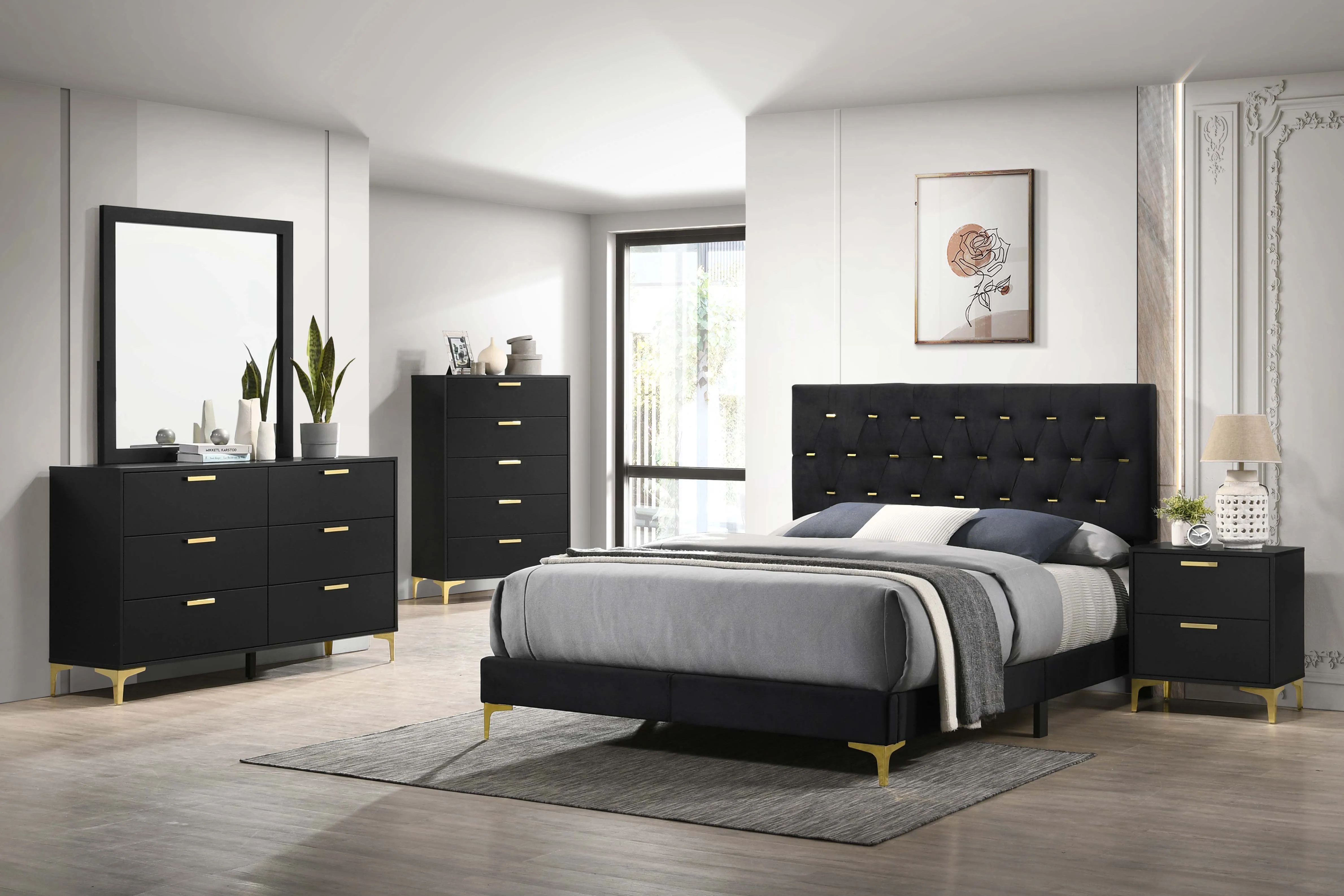 Kendall Tufted Panel Bedroom Set Black and Gold