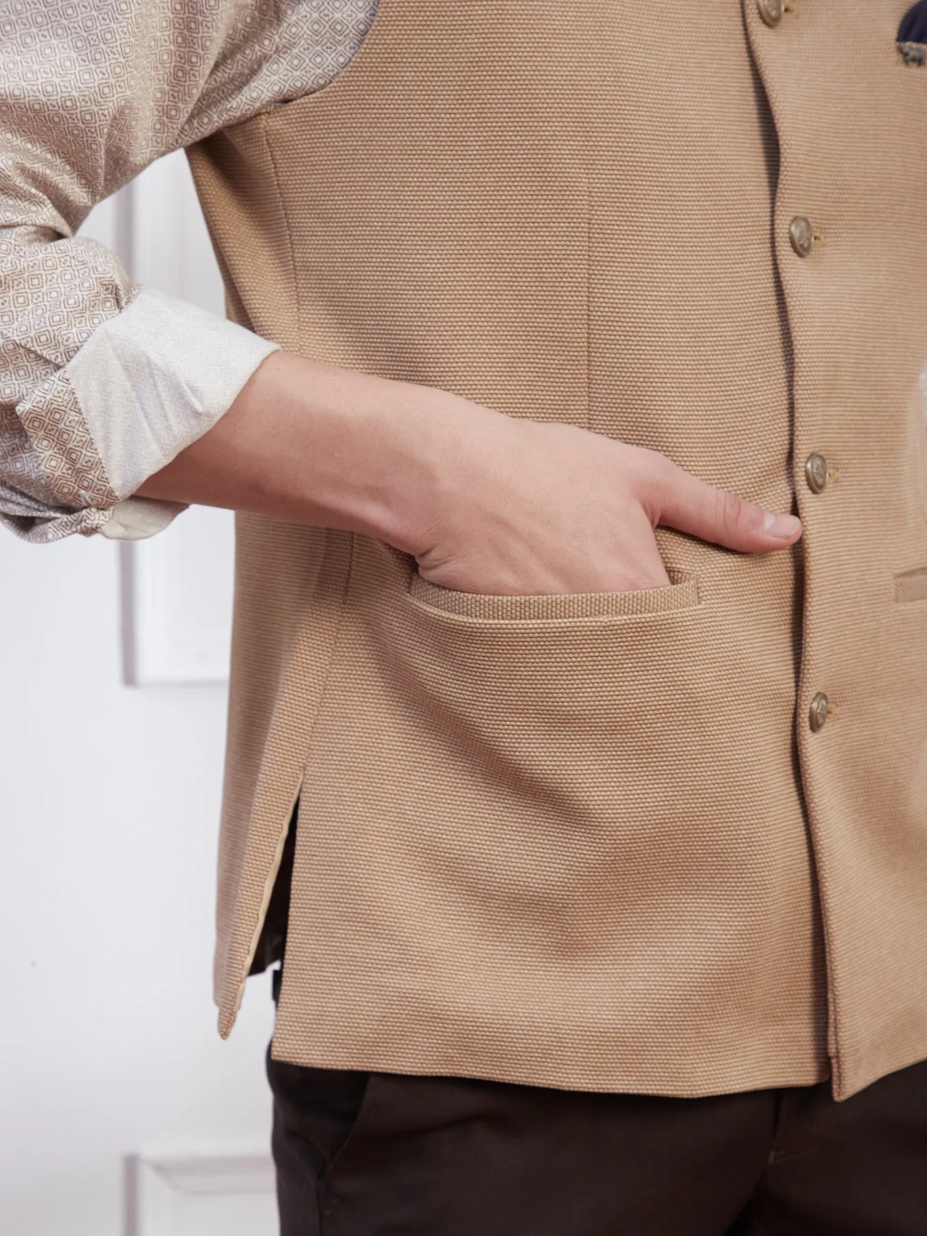 Knitted Terry Rayon Khaki Dobby Slim Fit Sleeve Less Ceremonial Nehru Jacket