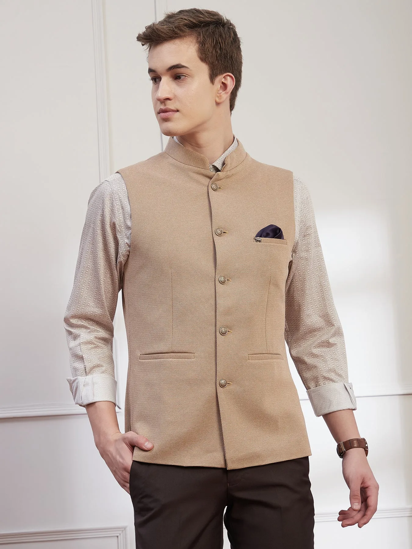 Knitted Terry Rayon Khaki Dobby Slim Fit Sleeve Less Ceremonial Nehru Jacket