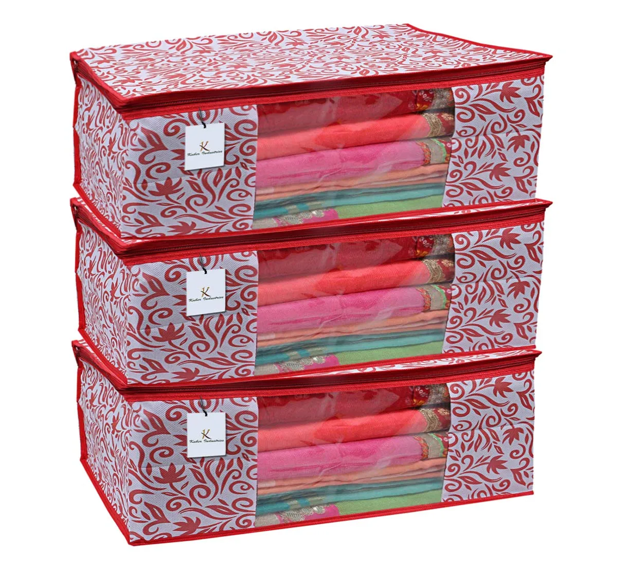 Kuber Industries 3 Piece Non Woven Saree Cover Set, Red,7 Inches Height -CTKTC6384