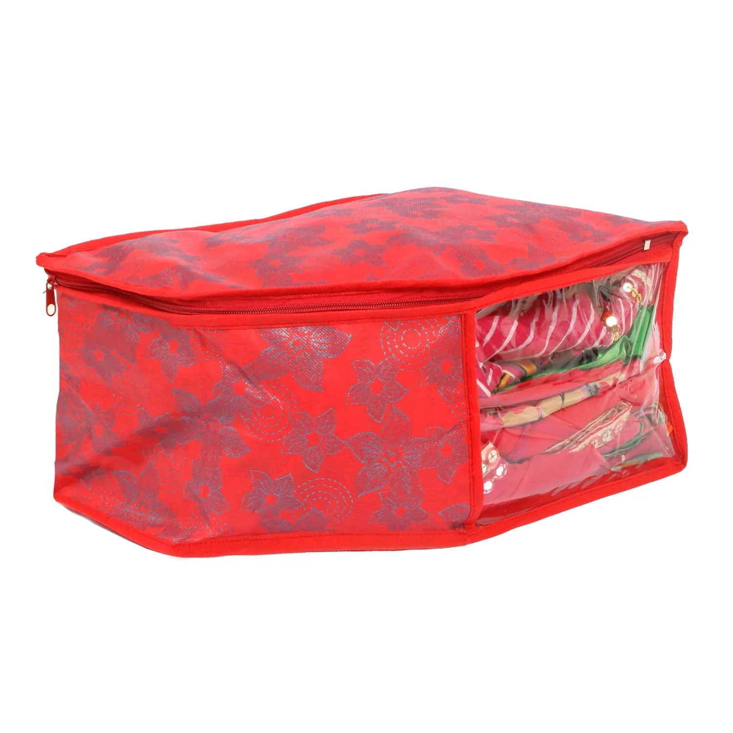 Kuber Industries Metallic Flower 9 Pieces Non Woven Blouse Cover Set (Red) - CTKTC23182