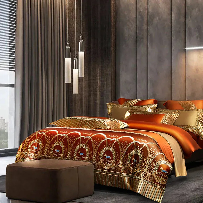 Luxury Gold Horse Embroidery Palace Style Bedding Set Cotton Cozy Cover Set Bed Sheet & Pillowcases