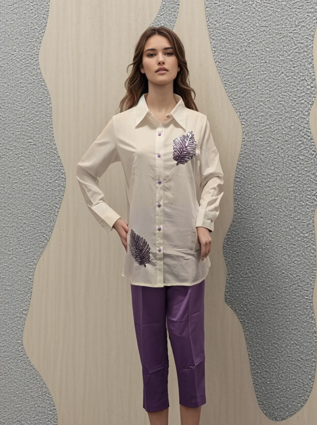 Mauve Embroidered Shirt & Pants Set with Intricate Detailing