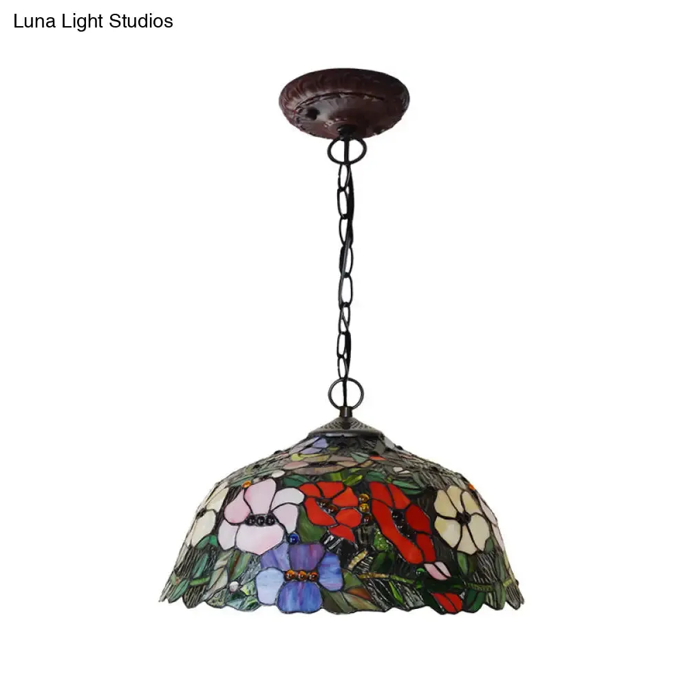 Mediterranean Petal Chandelier with Red/Blue Cut Glass and Bronze Finish - 2 Lights for Kitchen