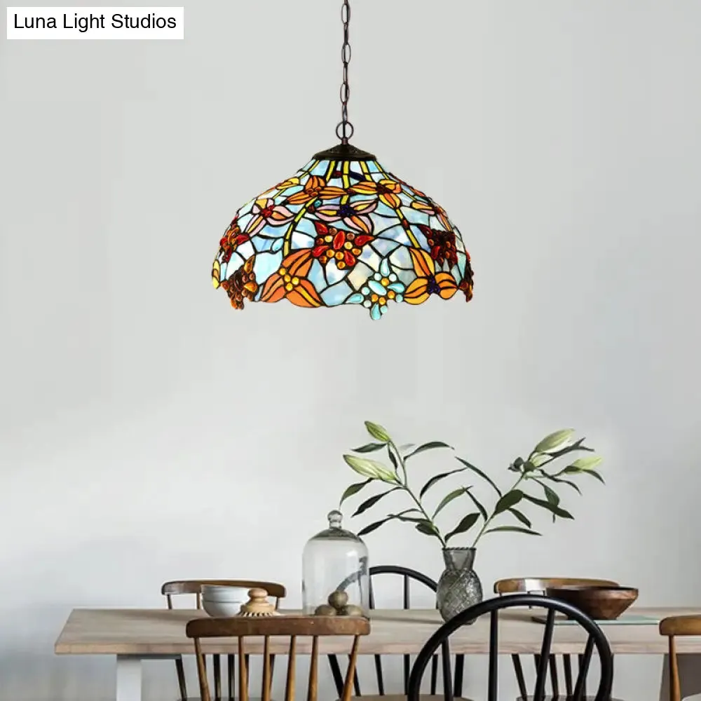 Mediterranean Petal Chandelier with Red/Blue Cut Glass and Bronze Finish - 2 Lights for Kitchen